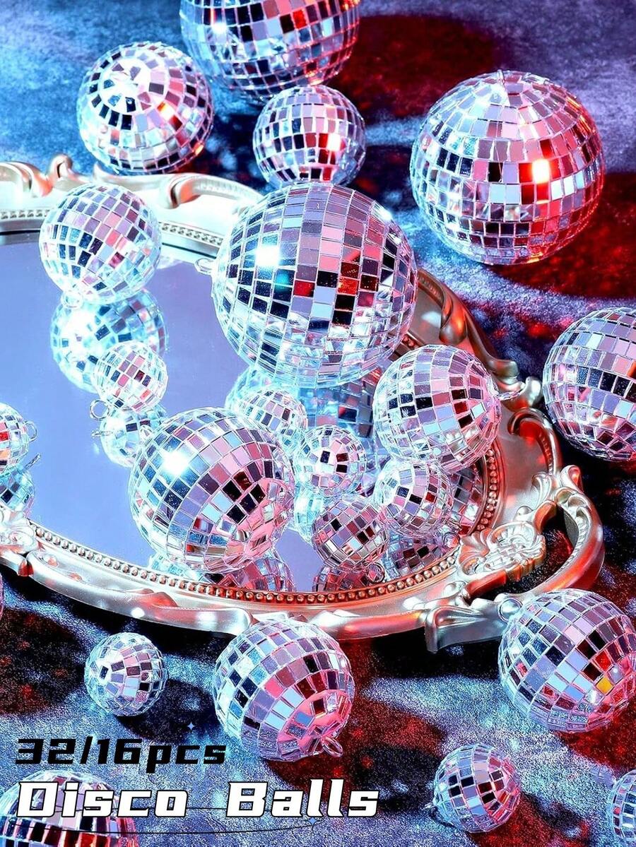 32个2/3/4/5厘米银色反光镜面迪斯科球，悬挂式镜面迪斯科球，DIY饰品球，材料包，悬挂式迷你迪斯科球，银色玻璃亮面反光悬挂球装饰品，迪斯科球蛋糕装饰，迪斯科圆球蛋糕装饰，70年代迪斯科蛋糕装饰，适用于主题蛋糕、生日派对、婚礼餐桌装饰、婴儿派对装饰球等。 - 彩色 - 查看 1