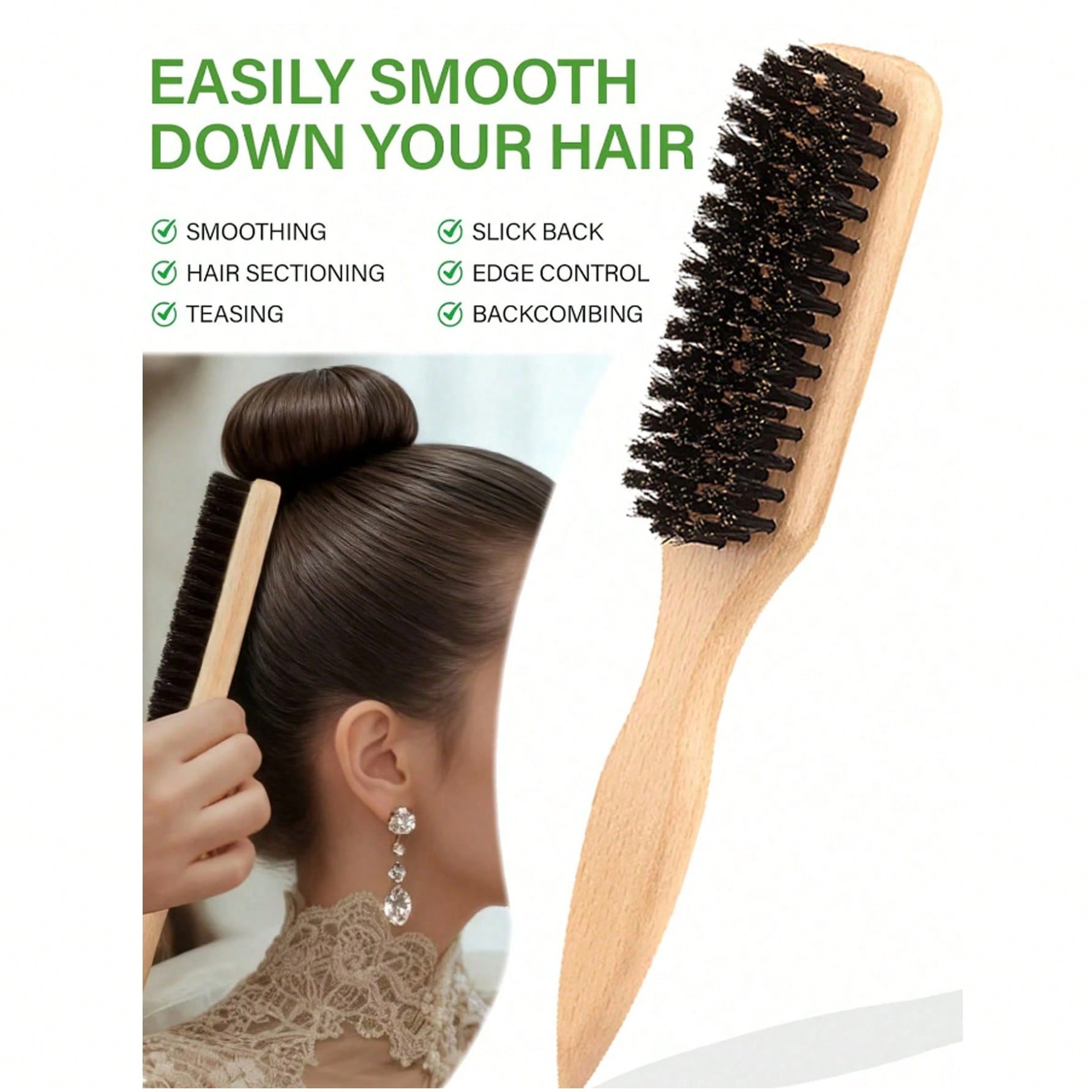 1pc Unisex Boar Bristle Smooth Comb, Tames Frizzy Hair, Edge Control Comb, Fluffy Wooden Handle Comb, Detangling Comb, Controls Hairline, Sleek Ponytail Comb - Includes Wide-Tooth Detangling Comb And Smoothing Comb, Convenient For Parting, Styling, Polishing And Straightening Hair, Creates Smooth, Frizz-Free Hairstyles, Suitable For Men And Women, Recommended As A Christmas Gift