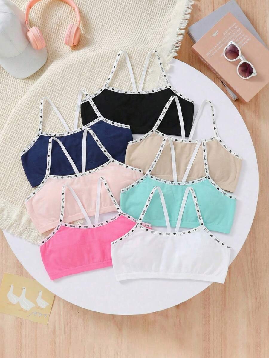 7件/包 可爱女童简约时尚字母撞色肩带运动文胸，无缝柔软舒适透气，适合学生日常穿着和运动基础内衣 - 彩色 - 查看 1
