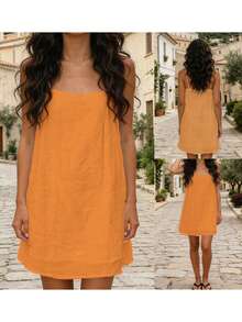 Women's Summer Mini Dress Adjustable Spaghetti Strap Sleeveless Solid Color Loose Fit Cami Dress - Orange-red - View 4