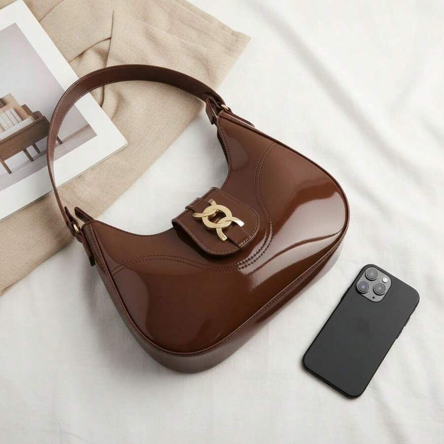 Santorini handbag Women's Medium Baguette Shoulder Bag, Stylish And Casual - 咖啡清漆 - 查看 1