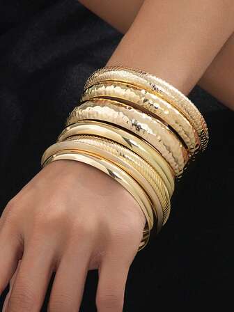 优雅复古锤纹花卉图案多层手链首饰套装，精致简约，女士礼物之选