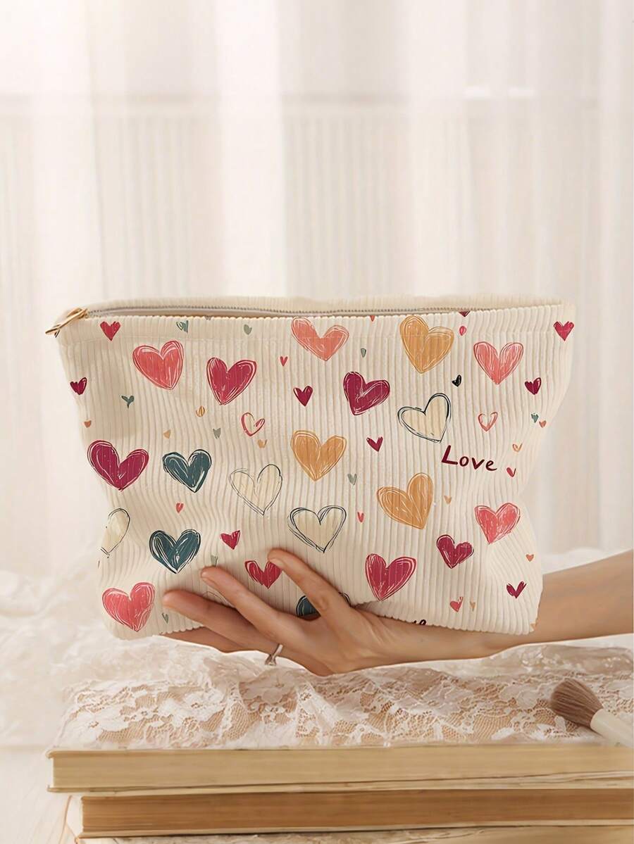心形化妆包 - 心形印花图案，涤纶拉链袋，旅行洗漱包，轻便拉链袋，爱美人士的理想之选，送给姐妹、学生和成年人的完美礼物，随机印花化妆包化妆品收纳袋 - 彩色 - 查看 1