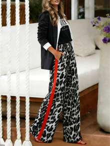 Plus Size Women's Classic Leopard Print Pants With Pockets, Drawstring Waist, Elastic Waistband, Comfortable & Loose Fit, Suitable For Home, Daily Wear, Commuting, Spring & Summer - Light Grey - View 3