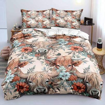 2/3件套 3D 印花水彩高地牛粉彩花卉被套套装，奶油色、橙色、红色、蓝色背景床上用品套装，北欧柔和色调艺术被套套装（尺寸 135x200，仅含 1 个枕套）