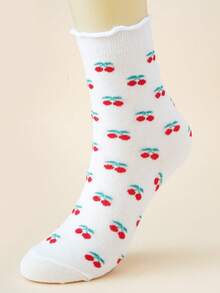 1/4 双装樱桃图案翻边中筒袜，女士可爱简约甜美风格薄袜，透气吸湿，时尚日常通勤休闲运动袜 - 彩色 - 查看 14