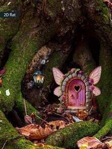 一套2D平面木质仙女门饰 - 心形和蝴蝶图案，梦幻花园和桌面摆件，室内/室外迷你景观艺术，仙女主题装饰，天然木工艺品 - 彩色 - 查看 7