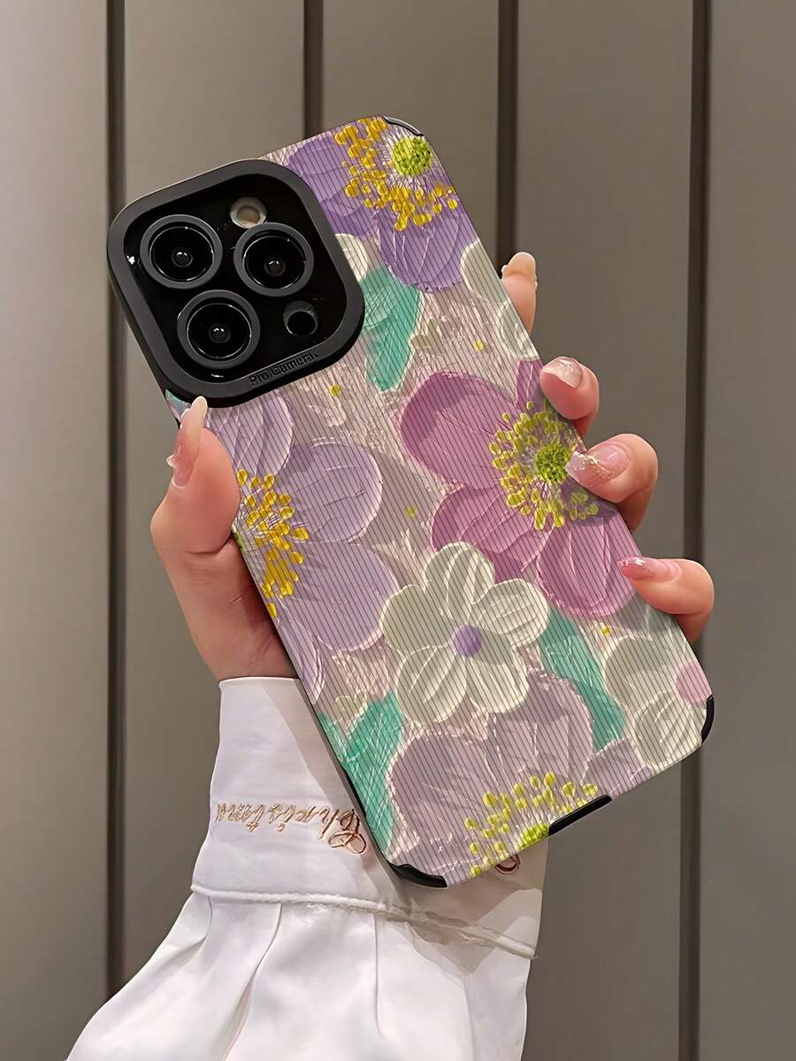 1件装时尚个性化紫白花黄心油画印花竖条纹仿皮软壳保护手机壳，适合作为生日、节日礼物送给朋友、家人、情侣，兼容 17/17 Air/17 Pro/17 Pro Max、16/16 Plus/16 Pro/16 Pro Max、15/15 Plus/15 Pro