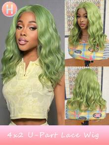 Synthetic Heat-Resistant Wig 4x2 U-Shaped Lace Wig, 16 Inches, Medium Length Curly Hair, Naturally Soft, Olive Green Realistic Wig, Easy To Wear, Synthetic Fiber Material, Heat-Resistant, Naturally Realistic, Suitable For Girls' Gatherings, Role-Playing, And Daily Wear - Olive Green - View 12
