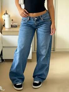 MYOURSA Jeans de pierna ancha y cintura baja holgados para mujer, estilo vintage desgastado de streetwear Y2K y estilo casual de campus para primavera - Azul lavado medio - Ver 3