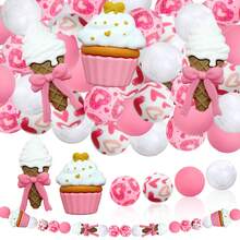 25/28颗粉色冰淇淋、蝴蝶结、爱心硅胶珠套装，搭配彩色爱心和甜甜圈图案圆珠，适合制作首饰、耳环、项链、包包、笔、手机链、化妆刷等DIY饰品，是返校季、节日、生日礼物的理想之选。