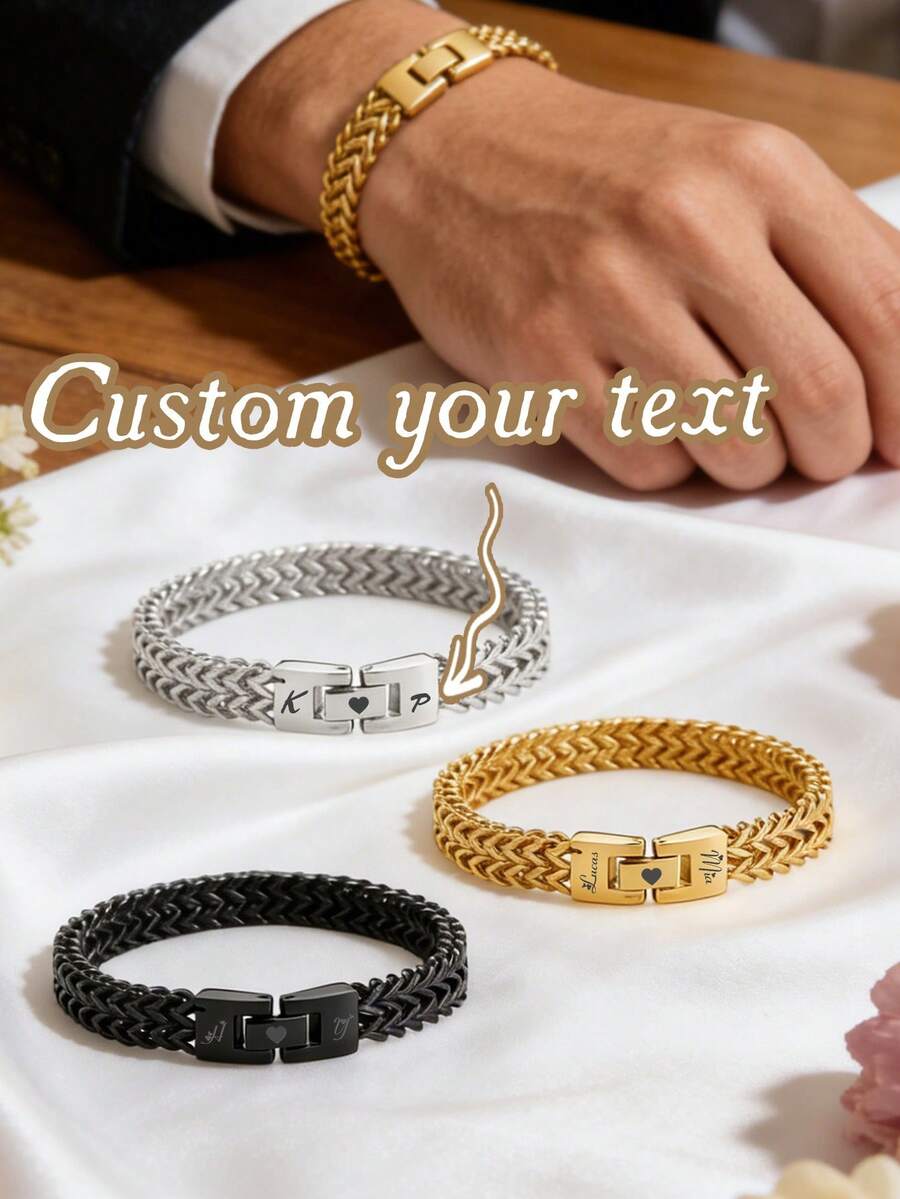 1pc Custom Personalized Stainless Steel Bracelet, Personalized Name Bracelet, Suitable For Men/Women, Personalized Name Bracelet, Stainless Steel Curb Chain, Couple Double-Layer Reversible Bracelet, Fashionable And Simple Couple Bracelet, Suitable For Men/Women, Can Be A Special Ideal Gift For Father's Day, For Husband, Father, Lover, Family, Friends, Son, Grandparents, Suitable For Anniversaries - Multicolor - View 1
