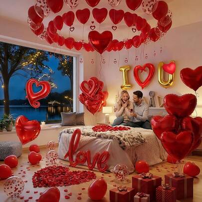 “我爱你”婚礼季气球套装，爱心铝箔气球，红色气球，仿真花瓣，适合求婚、婚礼房间装饰、浪漫爱情之夜
