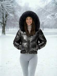 Women's Christmas Costume, Women's Winter Jacket, Solid Color Hooded Thickened Pocket Coat, Women's Winter Wear, Women's Winter Jacket & Coat, Thick & Warm - Black - View 2