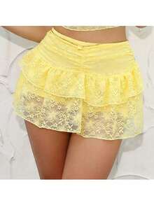 Chân váy xếp ly nhiều lớp, cạp thấp, ren, kiểu dáng dễ thương dành cho nữ, thích hợp cho các bữa tiệc, mua sắm và các buổi tụ họp mùa hè. - Màu vàng - Xem 3