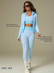 UONNOU 三件套女士运动服套装，包括文胸+长袖上衣+长裤塑形套装，女士户外休闲服，运动服，塑形服，紧身服，夹克款式，机车风格，立领，全开拉链，运动拇指孔设计，交叉肩带文胸背心，超短塑形上衣，提臀，收腰收腹，塑造腿部线条，让您看起来更苗条，运动紧身长裤，高弹力高塑形，蜂窝无缝针织柔软面料，适合运动和户外活动、瑜伽、健身、跑步、休闲日常、通勤、聚会和节日等，时尚运动户外套装，适合所有季节，秋冬春秋皆宜。 - 天藍色 - 查看 2