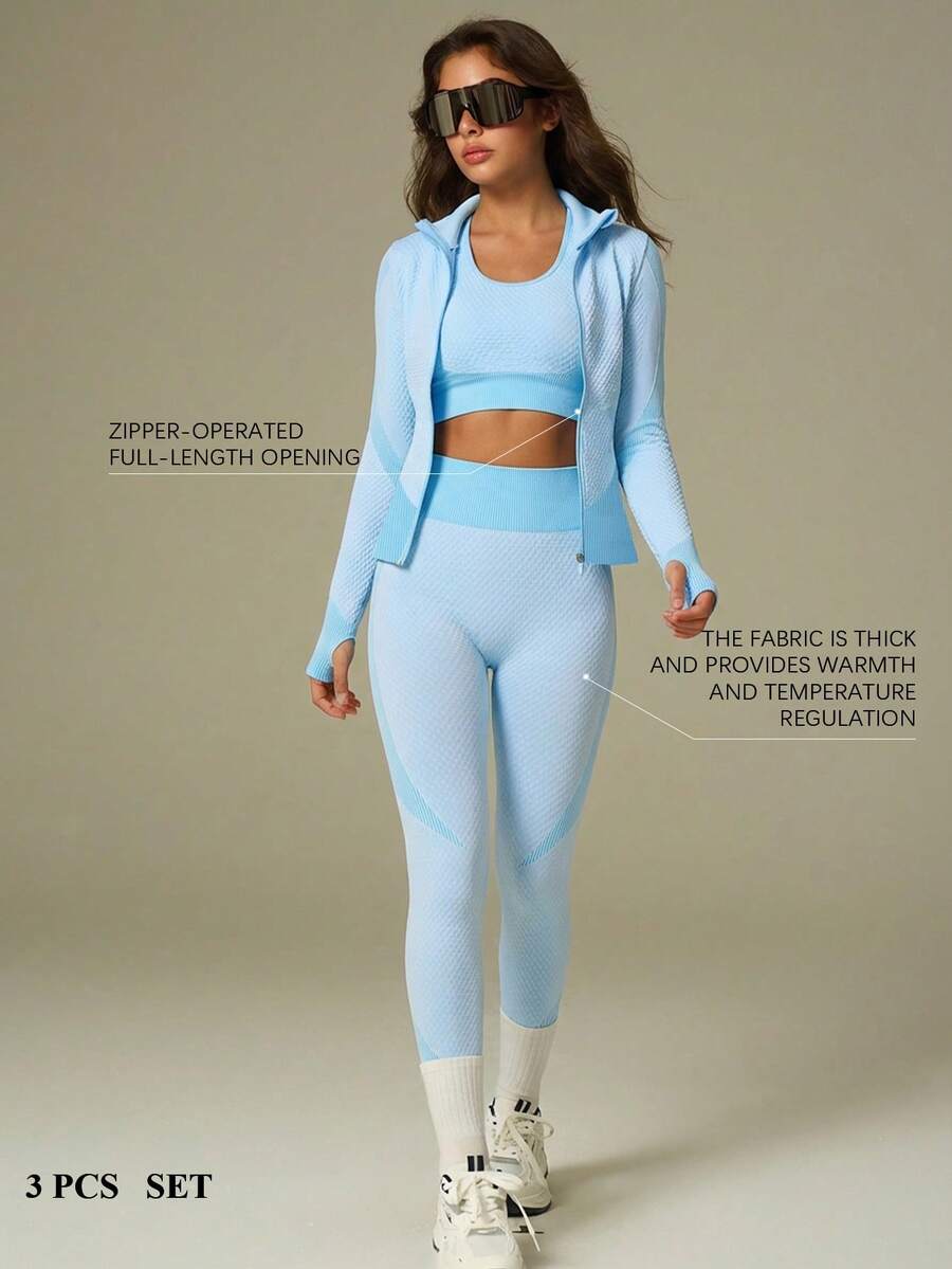 UONNOU 三件套女士运动服套装，包括文胸+长袖上衣+长裤塑形套装，女士户外休闲服，运动服，塑形服，紧身服，夹克款式，机车风格，立领，全开拉链，运动拇指孔设计，交叉肩带文胸背心，超短塑形上衣，提臀，收腰收腹，塑造腿部线条，让您看起来更苗条，运动紧身长裤，高弹力高塑形，蜂窝无缝针织柔软面料，适合运动和户外活动、瑜伽、健身、跑步、休闲日常、通勤、聚会和节日等，时尚运动户外套装，适合所有季节，秋冬春秋皆宜。