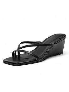 Athlefit Women's Dressy Summer Wedge Sandals Slip On Casual Strappy Thong Slides Cute Square Open Toe Flip Flop Heels - 黑色 - 查看 2
