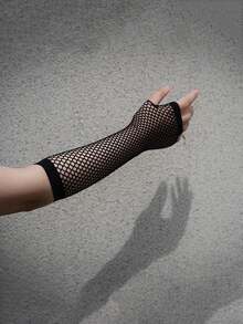 1 Pair Black Fishnet Gloves, Stretchy Long Fingerless Gloves, Personalized Styling, Sun Protection, Suitable For Nightclub, Party, Etiquette - Black - View 2