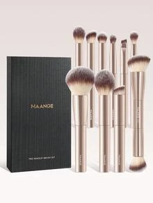 MAANGE 1/10件套专业铝管化妆刷套装，带纸质礼盒，双头粉底刷、腮红刷、散粉刷、眼影刷、睫毛刷、眉刷、唇刷、光晕刷、遮瑕刷，美妆刷套装，旅行化妆刷套装，女士及女孩礼物 - 金色 - 查看 12