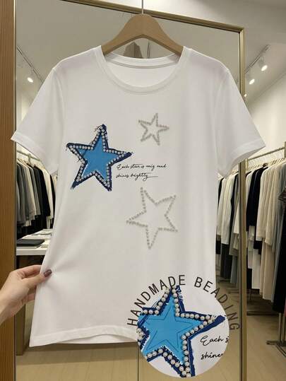 Women's T-Shirt, Solid Color Polyester Pearl Embellished Tee, Suitable For Home, Office, Daily Wear, Spring/Summer