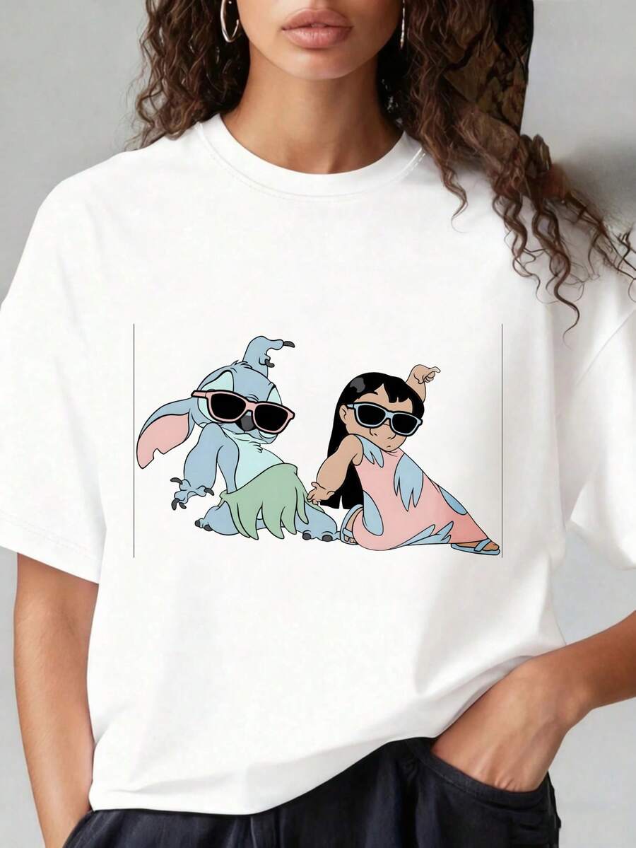 Stitch And Lilo Cartoon Characters Sunglasses Design Black T-Shirt For Women Fashion Casual WearDisney Theme Fun Prints, Women's T-Shirts With Round Neck And Short Sleeves, Suitable For Christmas Partiessports Activitiesholiday Partiesoutingssports And Other Holiday Gifts (220g). - 白色 - 查看 1