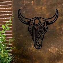 波西米亚长角牛壁饰 - 铸铁金属雕塑，饰以花卉图案，易于悬挂，适用于客厅、卧室、办公室，或作为完美的乔迁礼物，客厅装饰 | 波西米亚风格 - 黑色 - 查看 9