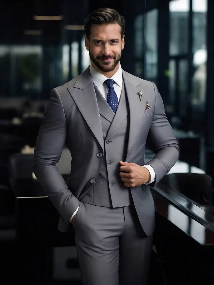 2026 Trending Men's 3-Piece Suit Set - Peak Lapel Blazer, Vest & Dress Pants | Classic Solid Formal Wear For Wedding Guest, Business & Prom (Easy-Care Poly-Viscose Blend) - Xám - Xem 1
