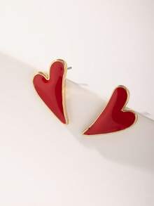 1 par de nuevos pendientes de botón con forma de corazón asimétrica para el Día de San Valentín 2026, pendientes minimalistas y versátiles de moda para mujer, para fiestas y uso diario, regalo de San Valentín - Rojo - Ver 2