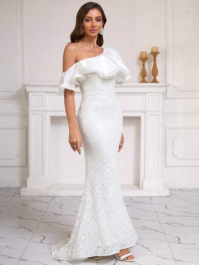White Dresses For Women,Bride Wedding Guest Dress Off The Shoulder Ruffled Lace Sequins Short Front And Long Back Fishtail Slim Elegant Evening Dress,Elegant Dresses For Party Spring