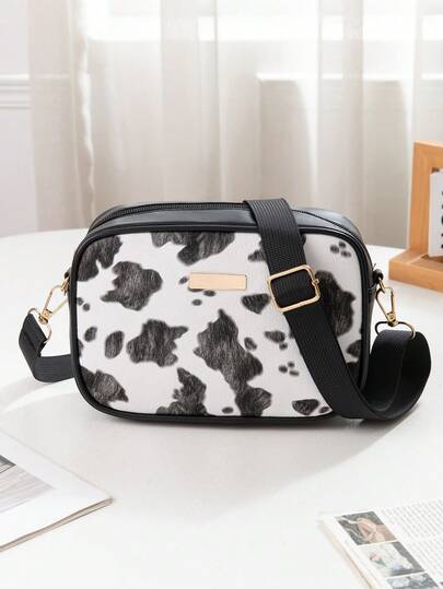 可爱撞色迷你方形斜挎包，学生日常百搭单肩包，时尚奶牛纹拼接单肩包，独特设计