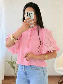 Solstice Apparel 刺绣花卉镂空领衬衫，粉色女士夏季衬衫，适合休闲、通勤、早午餐、花园穿着 - 粉色 - 查看 4