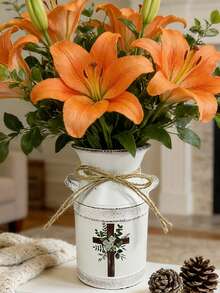 Distressed White Flower Vase. Suitable For Pink Peony & Silver Leaf Bouquet, Paired With An Open Notebook On A Lace Tablecloth, Accented With Flower Petals To Create A Gentle And Elegant Literary Atmosphere. - White - View 3