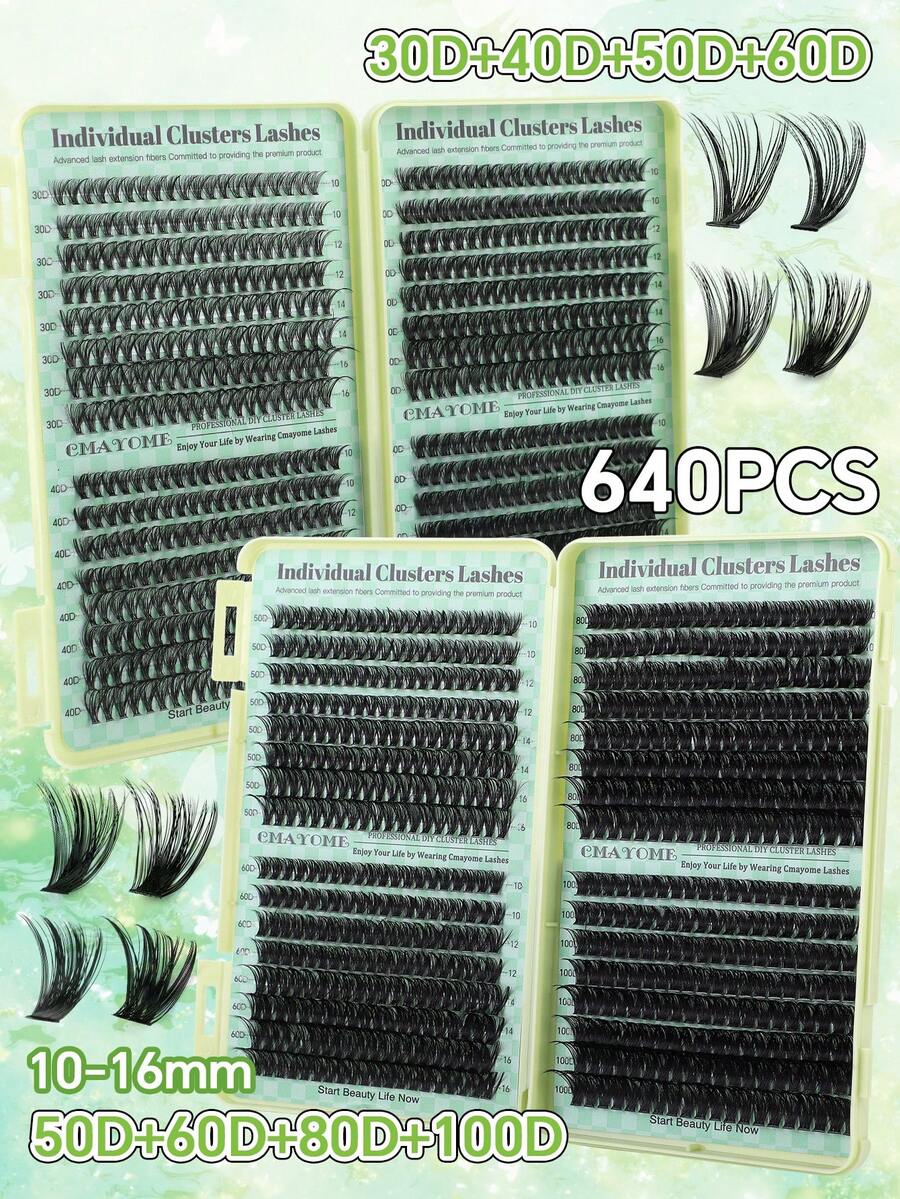 Kit de extensão de cílios com 640 unidades, alto volume (30D+40D+50D+60D/50D+60D+80D+100), 10-16mm. Cílios postiços individuais reutilizáveis, ultra macios e ultraleves, com aparência e densidade naturais. Ideal para uso em casa, no dia a dia, em casamentos, compromissos, festas, festivais de música e no Natal. - D - Ver 1