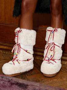 Faux Fur Boots For Women Winter Snow Boots Platform Lace Up Round Toe Boots Warm Snow Shoes Fluffy Winter Boots - 米色 - 查看 7