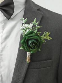 6 Stück/1 Stück Prinzessin Rose Blume mit weißer Schleierkraut und Künstlichen Grünpflanzen, romantische Ansteckblume für Bräutigam, Braut, Hochzeitsdekoration, Party, tägliches Tragen - Dunkelgrün - Übersicht 6