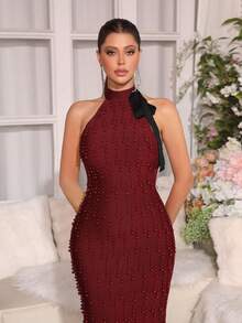 Modphy New Elegant Women's Long Dress, Luxury Pearl Design, Bodycon Maxi Dress, Stand Collar Sleeveless Black Bow Design, Back Slit Pencil Skirt, Bridesmaid Dress, Evening Party, Holiday, Birthday Party Dress, Maxi Dress - Burgundy - View 2