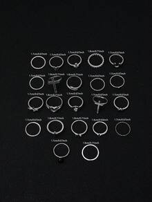 22pcs Vintage Rhinestone Heart, Cross, Snake, Star Stacking Rings Set For Women - Silver - View 5