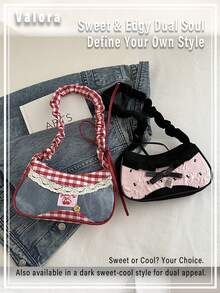 Cute Plaid Shoulder Bag For Women, Stylish Crossbody Bag With Lace And Denim Design, Korean Fashion Kawaii Mini Handbag , Small Square Purse For Commuting Soft Shoulder Strap  Birthday Gift Valentine's Day Gift - 彩色 - 查看 5