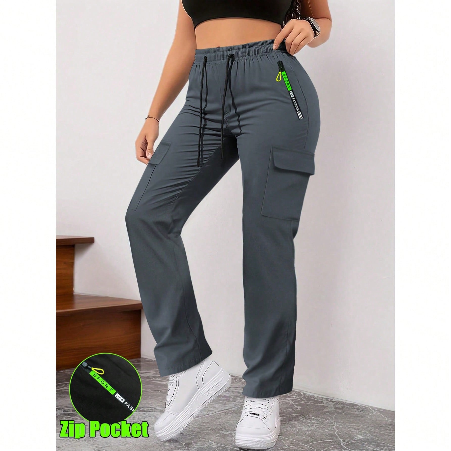 Pantalones cargo con bolsillos con cremallera para mujer, diseño de bolsillos grandes de moda, cintura elástica con cordón, pantalones casuales par