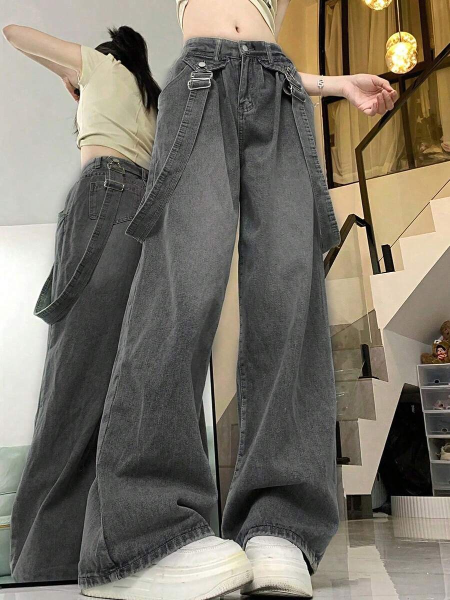 可拆卸吊带高腰宽松喇叭牛仔裤，复古独特 - 淺灰色 - 查看 1
