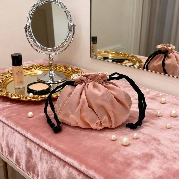 Gucci アンティーク調のサテン巾着化粧バッグ。シルクのように滑らかな