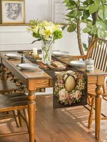 1pc Easter Table Runner With Floral Wreath And Rabbit Patterns | Elegant Polyester Printed Tablecloth For Spring/Summer, Ideal For Family Gatherings, Festive Decorations, And Hotel Displays - Camel - View 2