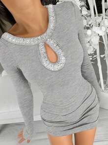 ChicMe Women's Rhinestone Decor Hollow Teardrop Bodycon Mini Dress, Long Sleeve Side Ruched, Casual Chic Party Cocktail Holiday Outfit Elegant Spring - Grey - View 5