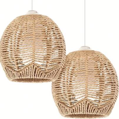 2pcs Bohemian Style Woven Rattan Lamp Shades - 5.89 Inches X 5.51 Inches, Natural Beige Woven Design, Suitable For Home, Cafe And Tea House Decor, No Power Or Battery Required, Woven Rattan Lamp Shades, Rattan Decor Lamp Shades