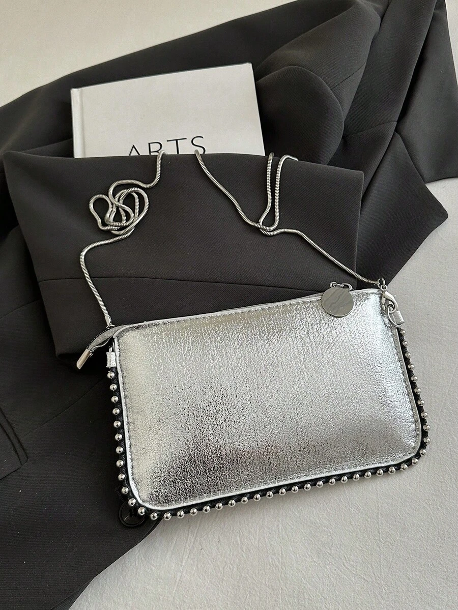 女士串珠链条斜挎包，复古彩色激光全息金属信封手拿包，适合派对 - 銀色 - 查看 1