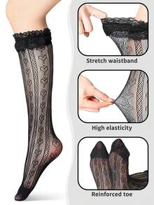 1 Pair Women's Heart Pattern Lace Thigh High Stockings Ruffle Trim Bowknot Over Knee High Socks - Multicolor - View 2