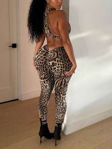 Leopard Print Backless Jumpsuit, Sleeveless Tight-Fitting, Spring/Summer - Brown - View 4
