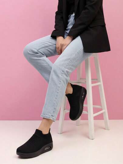 Women's Black Air Cushion Slip-On Lightweight Shock-Absorbing Casual Knit Sneakers, Suitable For Sports, Dancing, Nursing