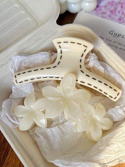 2pcs/Set Women Beige Stripe & Marble Pattern Hair Clips, Fashion Versatile Elegant Minimalist Solid Color Hair Claws Suitable For Daily, Casual, Party, Beach, Vacation, Hairstyling, Washing Face/Hair, Makeup, Outfit Accessories, Autumn/Winter/Spring/Summer